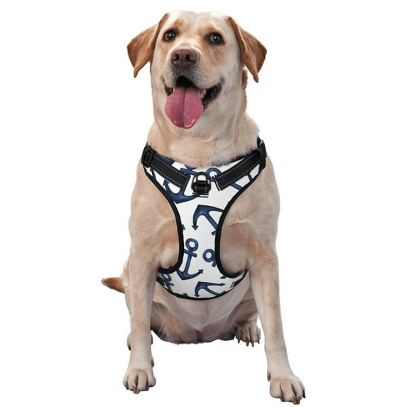 Lsque Navy Blue Anchor Dog Harness, No-Pull Pet Harness with 2 Leash Clips, Adjustable Soft Padded Dog Vest with Easy Control Handle for Large Dogs-Large