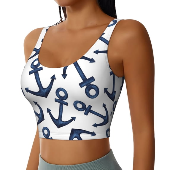 Lsque Navy Blue Anchors Printed Women'S Sports Bra, Compression, Moisture Wicking, High-Impact Sports Bra For Women,Supportive sports bra-XX-Large