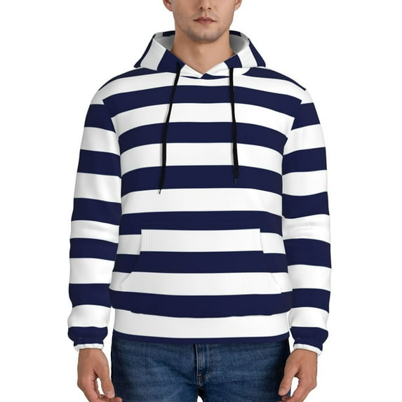 Lsque Navy Blue And White Stripes Pattern Casual Men's Hoodie,Hooded Sweatshirt with Kangaroo Pocket,Pullover Hoodie-X-Large