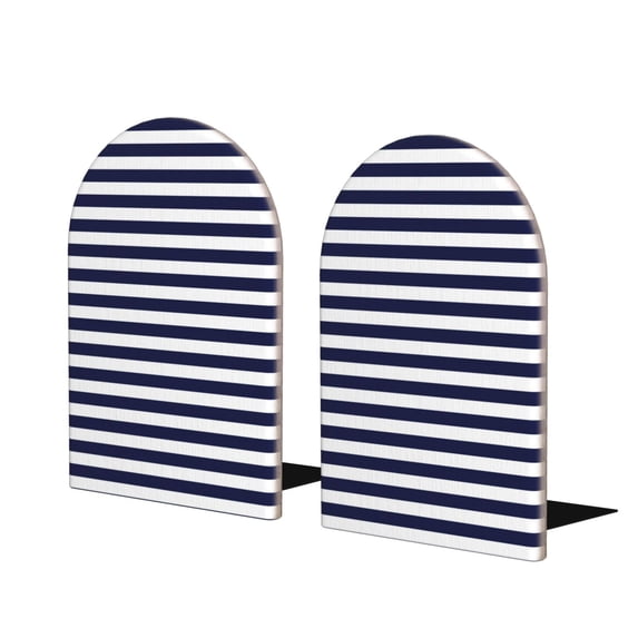 Lsque Navy Blue And White Stripes Printed Wood Bookends,Non-Skid Bookend for Shelves,Heavy Duty Support Bookends,Non-Slip Foam Pads for Office, Home, and Library,1 Pair