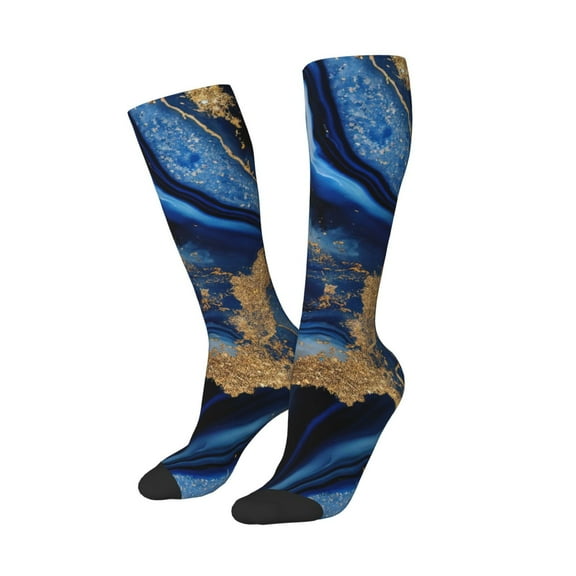 Lsque Navy Blue Marble Printed Crew Socks Men's Women's LightWeight Thin Casual Calf Socks ,Knee High Socks,Cotton Socks