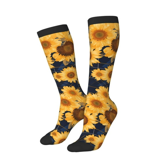 Lsque Navy Blue Plaid Sunflower Printed Crew Socks Men's Women's LightWeight Thin Casual Calf Socks ,Knee High Socks,Cotton Socks