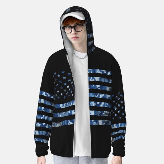 Lsque Navy Camouflage American Flag UPF 50+ Lightweight Sun Protection Men's Women's Long Sleeve Shirt, Hoodie Performance -Medium