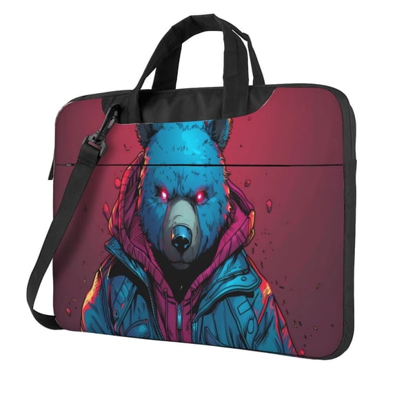 Lsque Neon Cyberpunk Blue Bear Pattern Laptop Bag – Portable & Slim Single-Shoulder Computer Case with Adjustable Strap, Protective, Lightweight for 13”/14”/15.6” Laptops