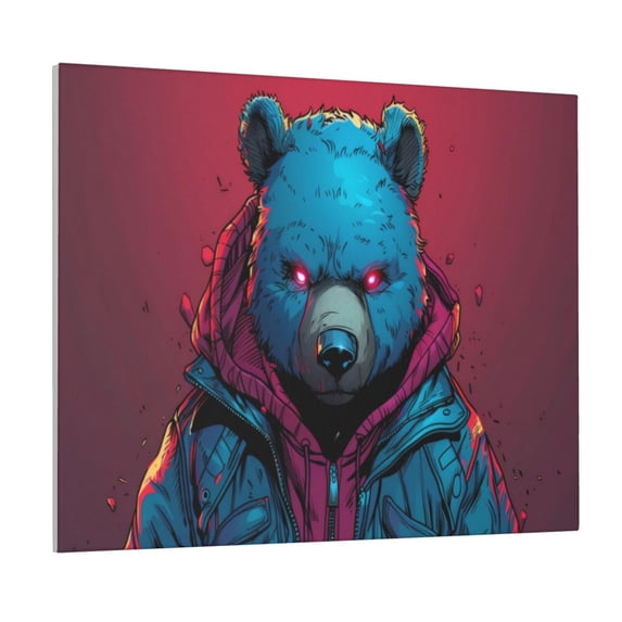 Lsque Neon Cyberpunk Blue Bear Print Wall Art – Decorative Picture for Living Room, Bedroom, and Office (Horizontal)