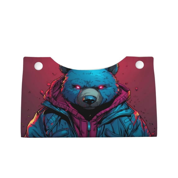 Lsque Neon Cyberpunk Blue Bear Printed Long Tissue Box Cover Holder, Facial Paper Organizer Dispenser,Triangle with Bottom Belt, PVC Leather Decorative Organizer