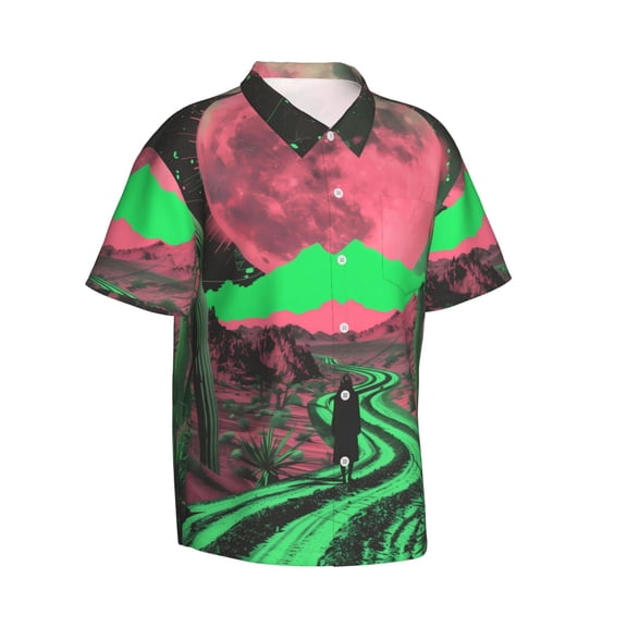 Lsque Neon Desert Moon pattern Hawaiian Shirt for Men, Unisex Summer Beach Casual Short Sleeve Button Down Shirts-X-Large