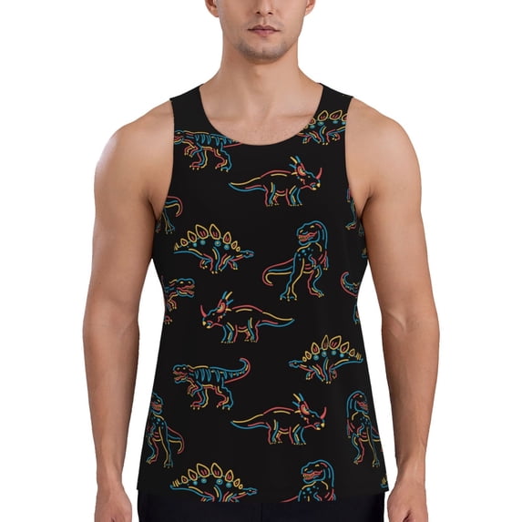 Lsque Neon Dinosaur Pattern Mens Tank Tops Muscle Athletic Quick Dry Sleeveless Workout Fitness T Shirts Beach Tank Top, Loose-fit Sleeveless Shirt for Men-4X-Large
