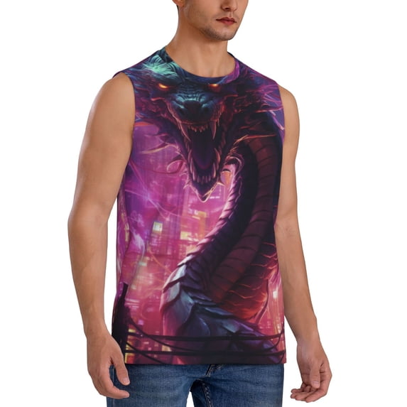 Lsque Neon Futuristic Dragon Print Men's Cotton Blend Sleeveless Muscle Shirts (S-3XL)- Moisture Wicking, Odor Protection, UPF 30+,Small