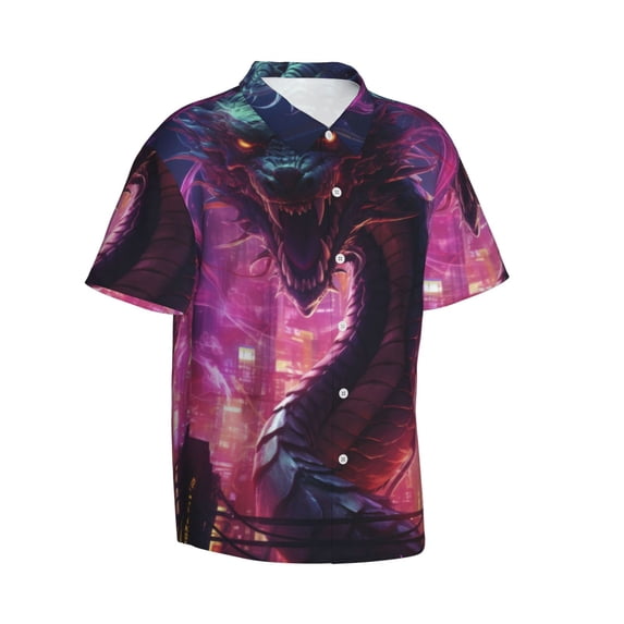 Lsque Neon Futuristic Dragon pattern Hawaiian Shirt for Men, Unisex Summer Beach Casual Short Sleeve Button Down Shirts-Medium