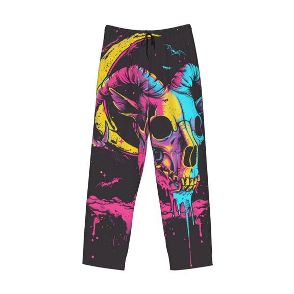 Lsque Neon Gothic Skull Moon Print Men's Pajama Pants, Lounge Pant - Comfortable Home Wear,Elastic Waistband, Stylish Design-Medium