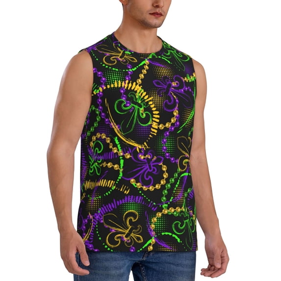 Lsque Neon Mardi Gras Print Men's Cotton Blend Sleeveless Muscle Shirts (S-3XL)- Moisture Wicking, Odor Protection, UPF 30+,X-Large