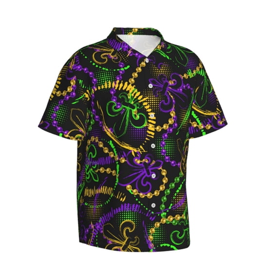 Lsque Neon Mardi Gras pattern Hawaiian Shirt for Men, Unisex Summer Beach Casual Short Sleeve Button Down Shirts-Large