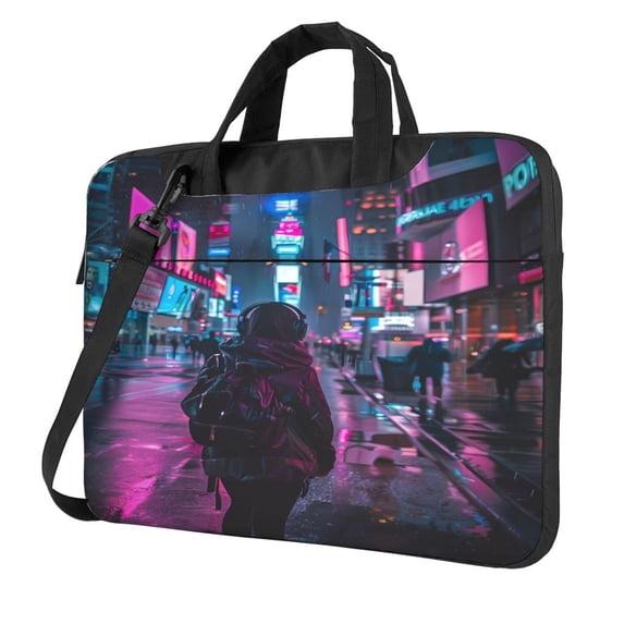 Lsque Neon Night Cityscape Pattern Laptop Bag – Portable & Slim Single-Shoulder Computer Case with Adjustable Strap, Protective, Lightweight for 13”/14”/15.6” Laptops