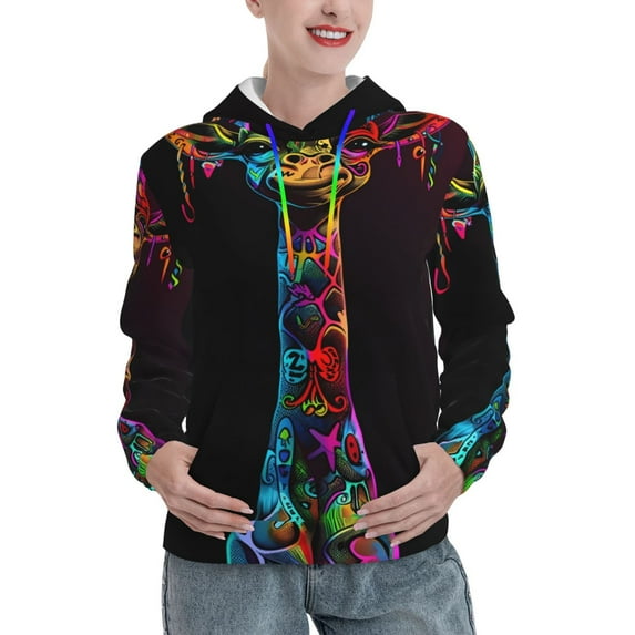 Lsque Neon Psychedelic Giraffe Pattern Casual Women's Hoodie,Hooded Sweatshirt with Kangaroo Pocket,Pullover Hoodie with Eye-catching Drawstrings-Large