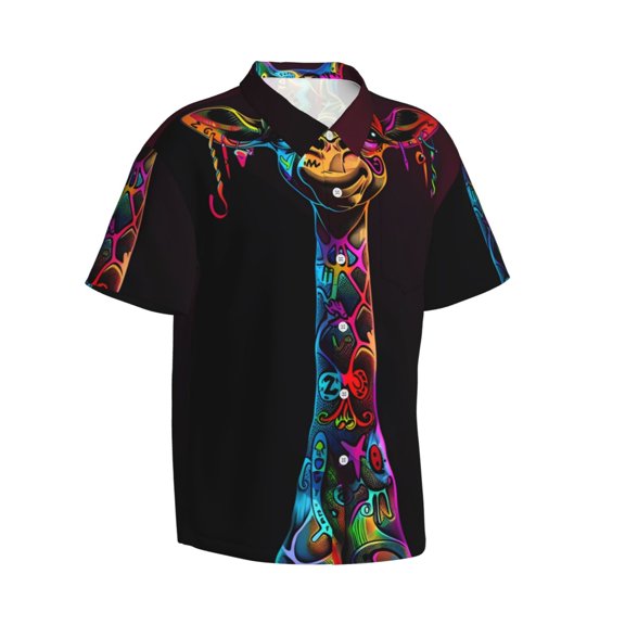 Lsque Neon Psychedelic Giraffe pattern Hawaiian Shirt for Men, Unisex Summer Beach Casual Short Sleeve Button Down Shirts-XX-Large
