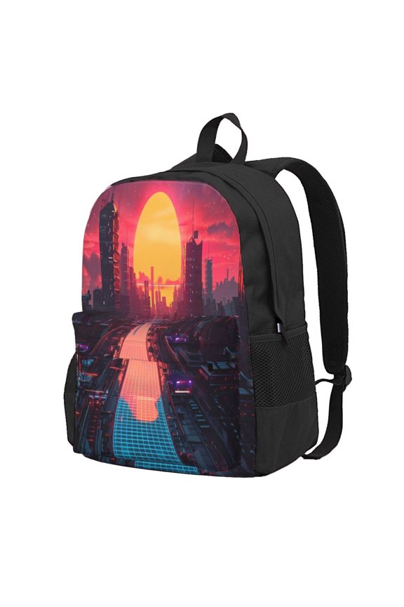 Neon Sunset Cyberpunk Cityscape Pattern Adult Backpack Durable & Lightweight PU Canvas Storage Bag , 15 Laptop Compartment, and Multiple Pockets