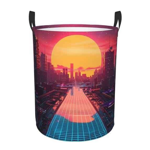 Lsque Neon Sunset Cyberpunk Cityscape Pattern Laundry Hamper Basket, Tall Woven Rope Hamper Basket for Clothes, Lightweight Storage Basket, Collapsible Waterproof-Small