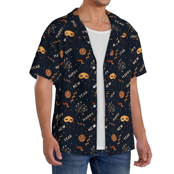 Lsque New Year print Men's Cuban Collar Short Sleeve Shirt Summer Beachwear Casual Button Down Fashionable Vacation Leisure Shirt-XX-Large