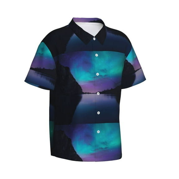 Lsque Night At Lake Aurora pattern Hawaiian Shirt for Men, Unisex Summer Beach Casual Short Sleeve Button Down Shirts-Medium