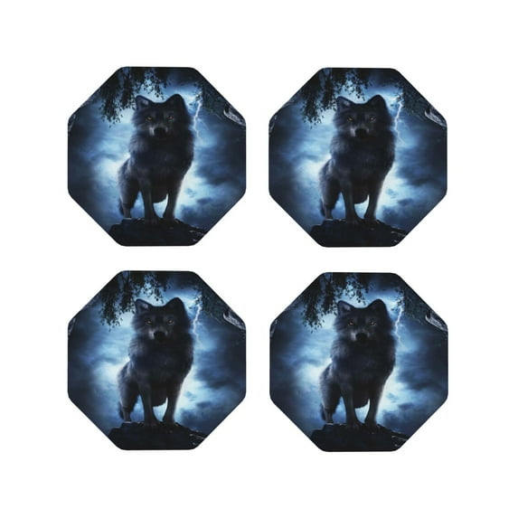 Lsque Night Scene of Wolves Pattern 4" Drink Coasters Set of 4, PVC Leather Absorbent Coasters, Table Coaster Set Decorative Coffee Cup Coasters Housewarming Gift -Octagon