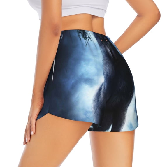 Lsque Night Scene of Wolves Printed Women's Running Shorts with Liner Pockets,Elastic Quick Dry Workout Athletic Gym Yoga Shorts,Womens High Waist Shorts-Medium