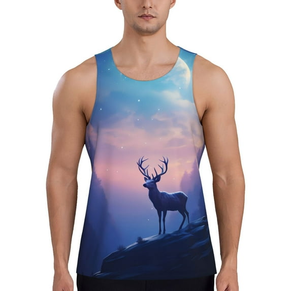 Lsque Night Sky Elk Pattern Mens Tank Tops Muscle Athletic Quick Dry Sleeveless Workout Fitness T Shirts Beach Tank Top, Loose-fit Sleeveless Shirt for Men-XX-Large