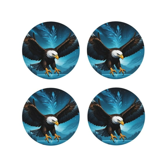 Lsque Night Sky Forest Bald Eagle Pattern 4" Drink Coasters Set of 4, PVC Leather Absorbent Coasters, Table Coaster Set Decorative Coffee Cup Coasters Housewarming Gift -Round Shape
