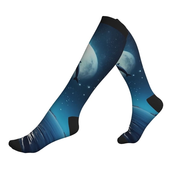 Lsque Night Sky Moon Dolphin Pattern Sport Compression Socks for Men & Women 15-20 mmHg Knee High Nurse Pregnant Running Medical and Travel Athletic