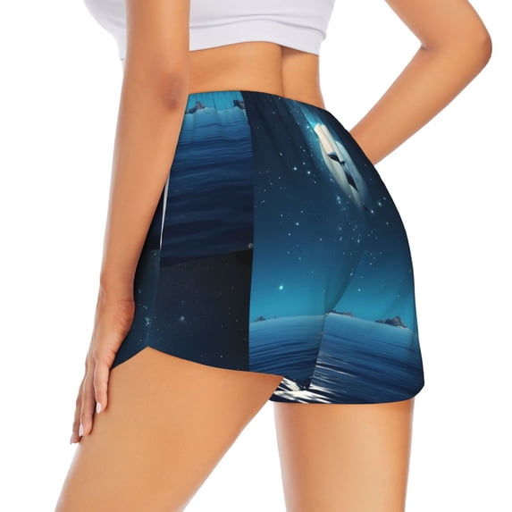 Lsque Night Sky Moon Dolphin Printed Women's Running Shorts with Liner Pockets,Elastic Quick Dry Workout Athletic Gym Yoga Shorts,Womens High Waist Shorts-X-Large