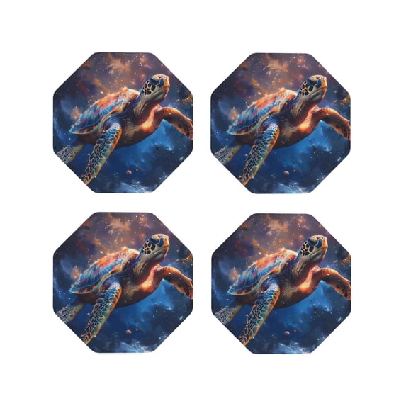 Lsque Night Sky Turtle Pattern 4" Drink Coasters Set of 4, PVC Leather Absorbent Coasters, Table Coaster Set Decorative Coffee Cup Coasters Housewarming Gift -Octagon
