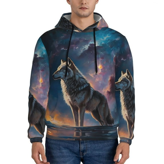 Lsque Night Sky Wolf Pattern Casual Men's Hoodie,Hooded Sweatshirt with Kangaroo Pocket,Pullover Hoodie-Medium