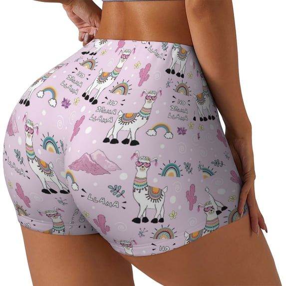 Lsque No Drama Llama Pattern High Waisted Biker Shorts for Women-Tummy Control Fitness Athletic Workout Running Yoga Gym Shorts,Moisture-Wicking-Small
