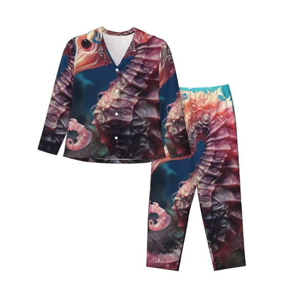 Lsque Ocean Seahorse Pattern Long Sleeve Pajama Set for Women - Soft 2-Piece Sleepwear and Loungewear Set with Pockets, Comfy Nightwear-Small