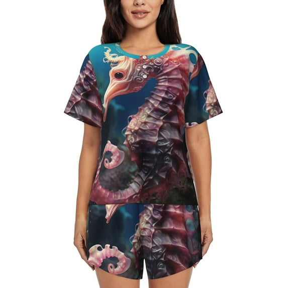 Lsque Ocean Seahorse Women's Short-Sleeved Pajama Set - 2 Piece Soft and Lightweight Sleepwear Set-Small