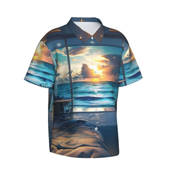 Lsque Ocean View Bedroom pattern Hawaiian Shirt for Men, Unisex Summer Beach Casual Short Sleeve Button Down Shirts-3X-Large