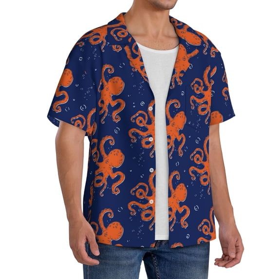 Lsque Octopus print Men's Cuban Collar Short Sleeve Shirt Summer Beachwear Casual Button Down Fashionable Vacation Leisure Shirt-X-Large