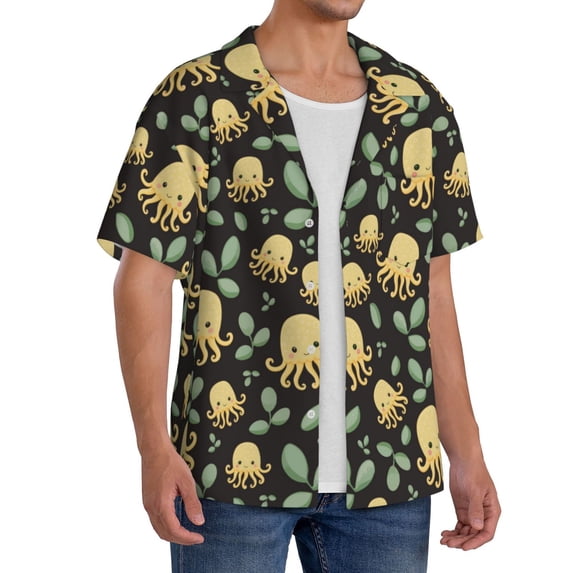 Lsque Octopuses And Leaves print Men's Cuban Collar Short Sleeve Shirt Summer Beachwear Casual Button Down Fashionable Vacation Leisure Shirt-3X-Large
