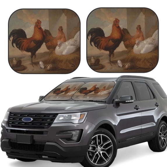 Lsque Oil Painting Chicken And Duck 2 PCS Windshield Sun Shade | CarFoldable Window Covers | Car Accessories Reflect UV for Universal Cars SUV Truck | Large