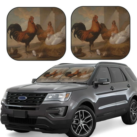 Lsque Oil Painting Chicken And Duck 2 PCS Windshield Sun Shade | CarFoldable Window Covers | Car Accessories Reflect UV for Universal Cars SUV Truck | Small