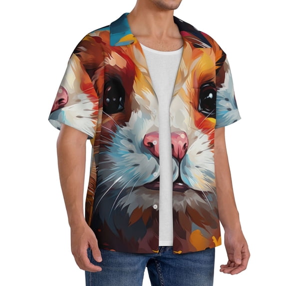 Lsque Oil Painting Colorful Hamster print Men's Cuban Collar Short Sleeve Shirt Summer Beachwear Casual Button Down Fashionable Vacation Leisure Shirt-3X-Large