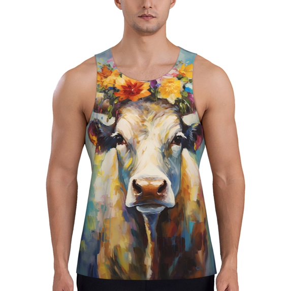 Lsque Oil Painting Flower Cow Pattern Mens Tank Tops Muscle Athletic Quick Dry Sleeveless Workout Fitness T Shirts Beach Tank Top, Loose-fit Sleeveless Shirt for Men-Medium