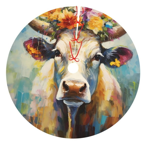 Lsque Oil Painting Flower Cow Print Christmas Tree Skirt, Tree Skirt with Ties or Velcro, Perfect for Holiday Decorations, Halloween, and New Year-48"