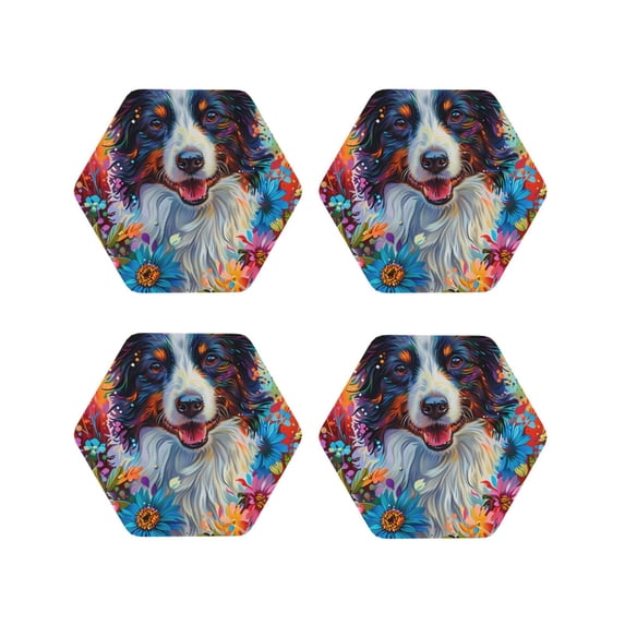 Lsque Oil Painting Sunflower Puppy Pattern 4" Drink Coasters Set of 4, PVC Leather Absorbent Coasters, Table Coaster Set Decorative Coffee Cup Coasters Housewarming Gift -Hexagon