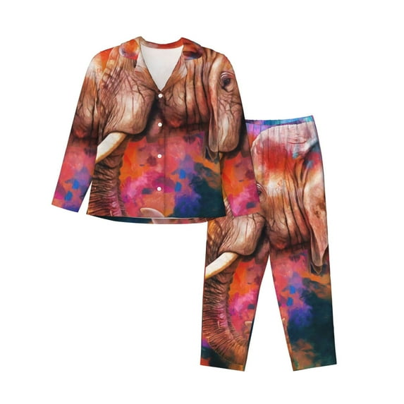 Lsque Oil Paintings of Elephants Pattern Long Sleeve Pajama Set for Women - Soft 2-Piece Sleepwear and Loungewear Set with Pockets, Comfy Nightwear-Large