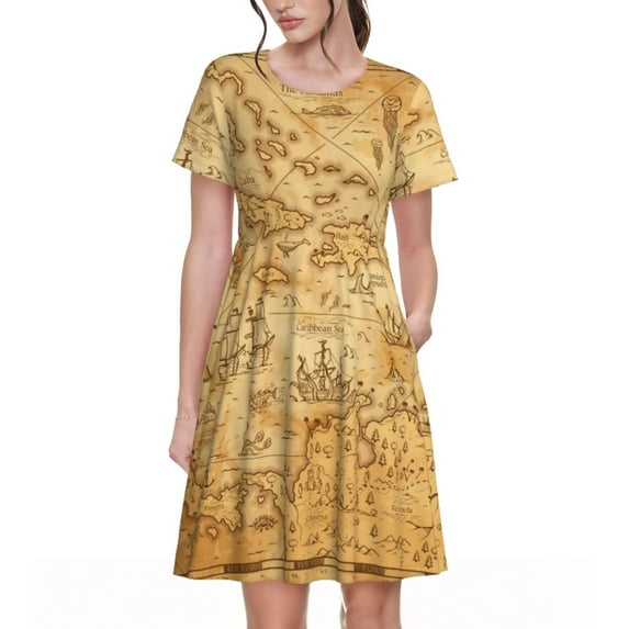 Lsque Old Vintage Map Of Sea Print Women's Casual Dress T-Shirt Summer Short Sleeve Scoop Neck Swing Dresses