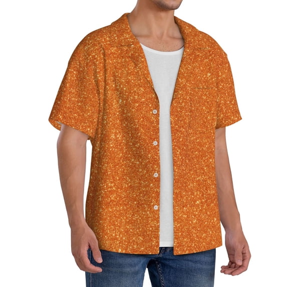 Lsque Orange Glitter print Men's Cuban Collar Short Sleeve Shirt Summer Beachwear Casual Button Down Fashionable Vacation Leisure Shirt-Small