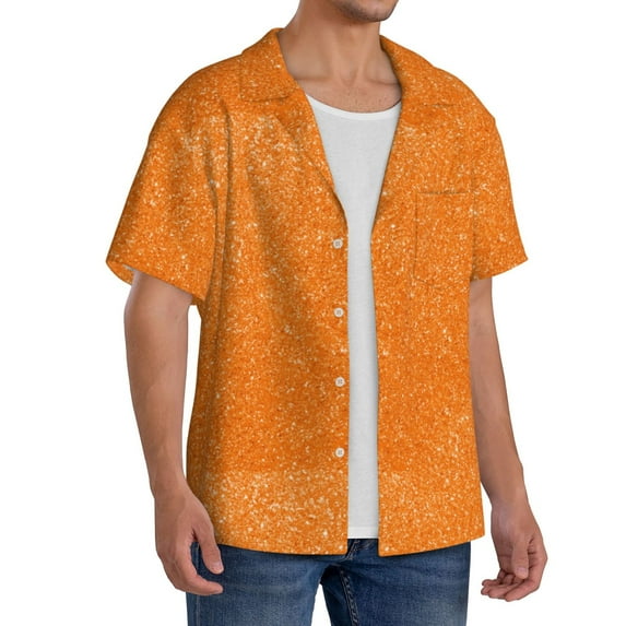 Lsque Orange Glitter2 print Men's Cuban Collar Short Sleeve Shirt Summer Beachwear Casual Button Down Fashionable Vacation Leisure Shirt-Small