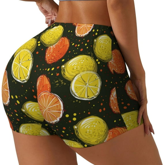 Lsque Orange Lemon Pattern High Waisted Biker Shorts for Women-Tummy Control Fitness Athletic Workout Running Yoga Gym Shorts,Moisture-Wicking-X-Large