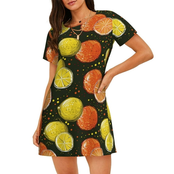 Lsque Orange Lemon Pattern Nightgowns for Women Sleep Shirts Short Sleeve Nightshirt Pullover Nightdress Soft Sleepwear Relaxed Fit Nightdress